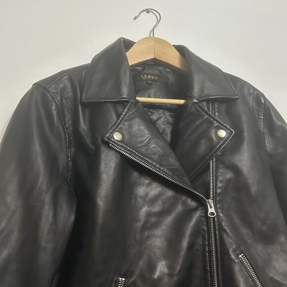 Quince Biker Jacket 100% Sheep Moto Leather Black - Women’s Large - Picture 3 of 15